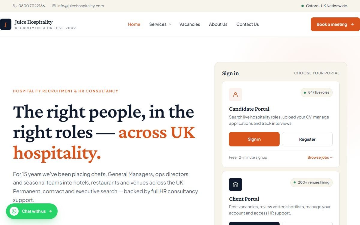 Juice Hospitality live website